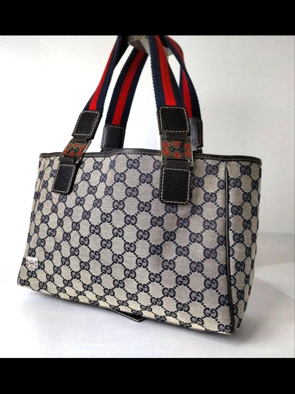 Gucci Beige and Blue Monogram Tote with Red-Blue Striped Handles